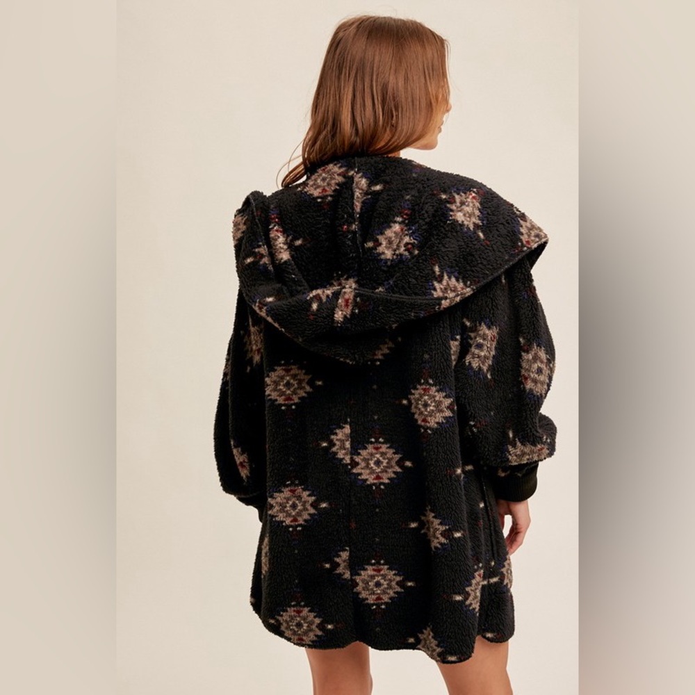 452. LAST 1! AZTEC PLUSH SOFT HOODIE Teddy Jacket Black Fleece Boho bohemian - Picture 6 of 6